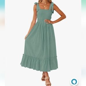 ZESICA Boho Self Tie Strap Square Neck Smocked Top Ruffle Maxi Dress Green SZ L